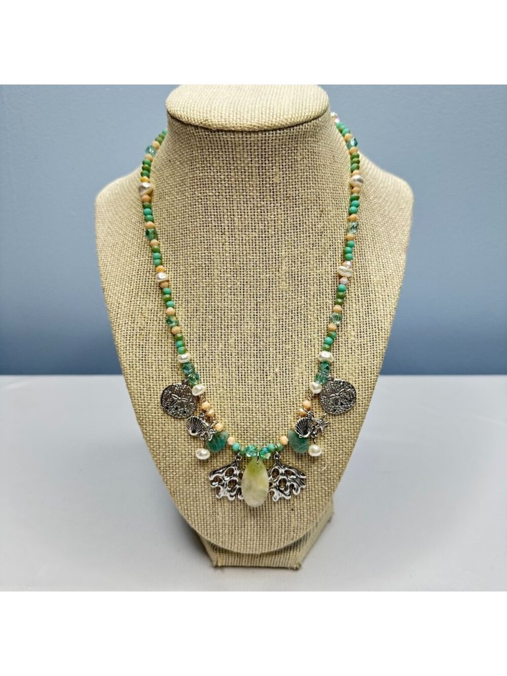 Handmade Amazonite Crystal Necklace Coastal Shell Pearl Beaded Charm Necklace